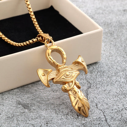 Vintage Stainless Steel Ancient Egyptian Ankh Cross Pendant Necklace for Men