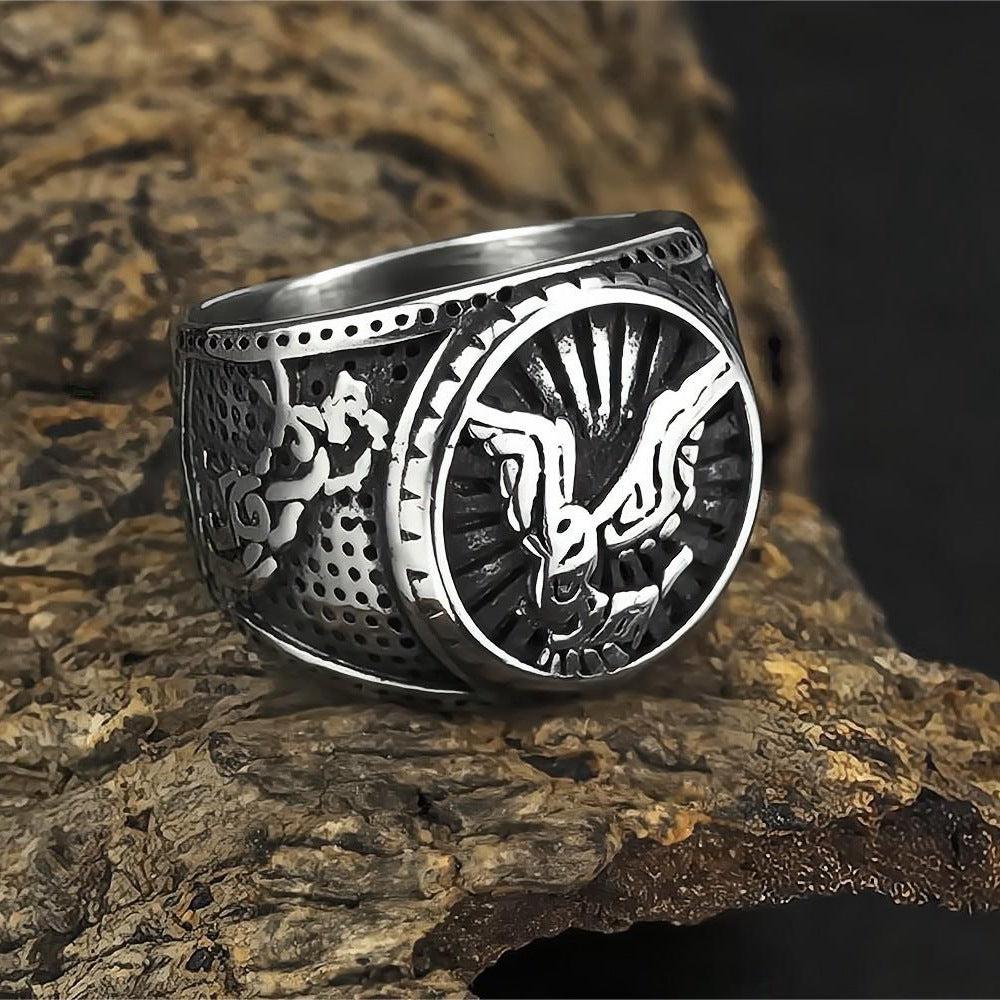 Vintage Solid Stainless Steel Norse Viking Eagle Totem Round Wide Signet Ring for Men