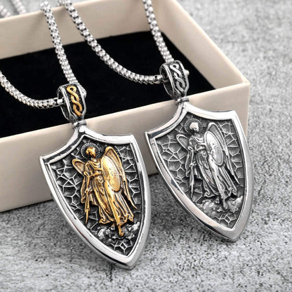 Vintage Stainless Steel Men's Shield St. Michael Angel Pendant Necklace
