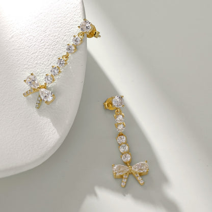 Women's Bow Dangle Earrings, Clear Zirconia Bow with Round Zirconia Chain, S925 with 18K Gold Plating