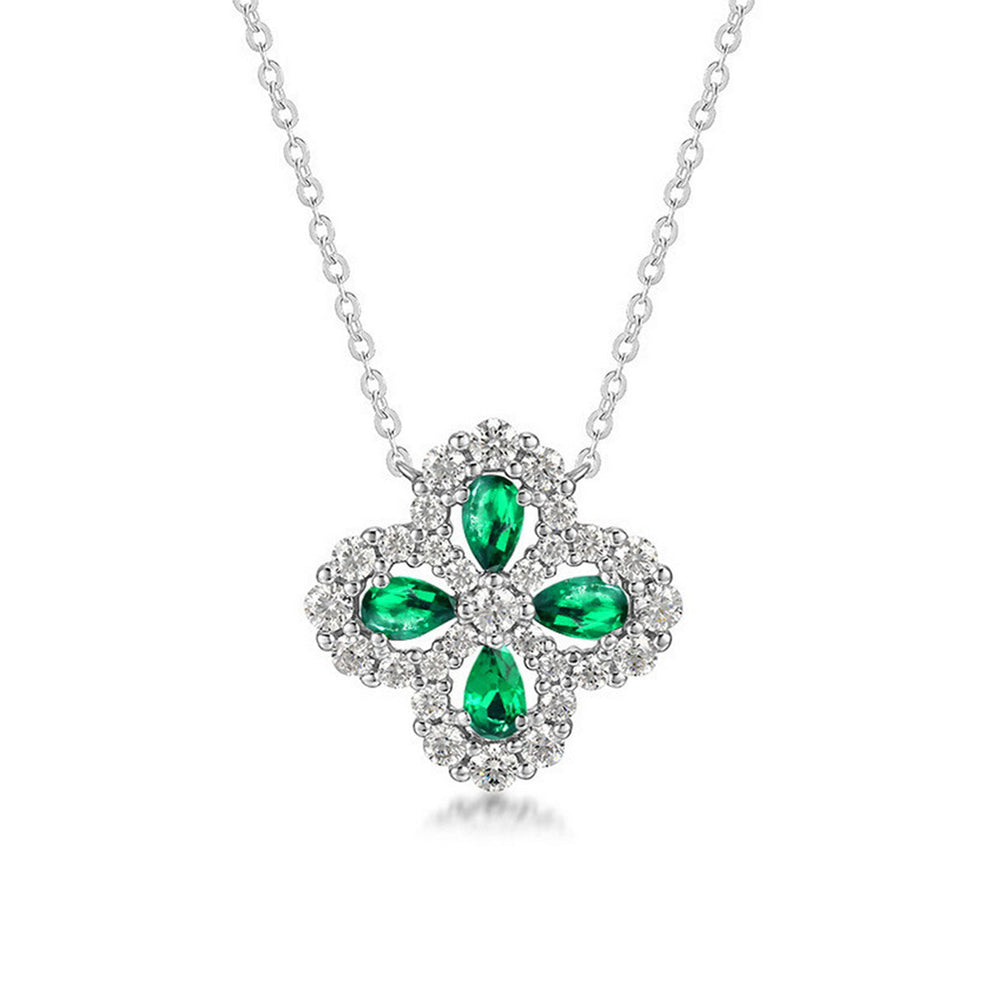 Women's Sterling Silver Hollow Four-leaf Clover Emerald Pendant