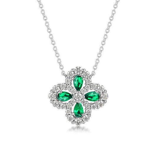 Women's Sterling Silver Hollow Four-leaf Clover Emerald Pendant