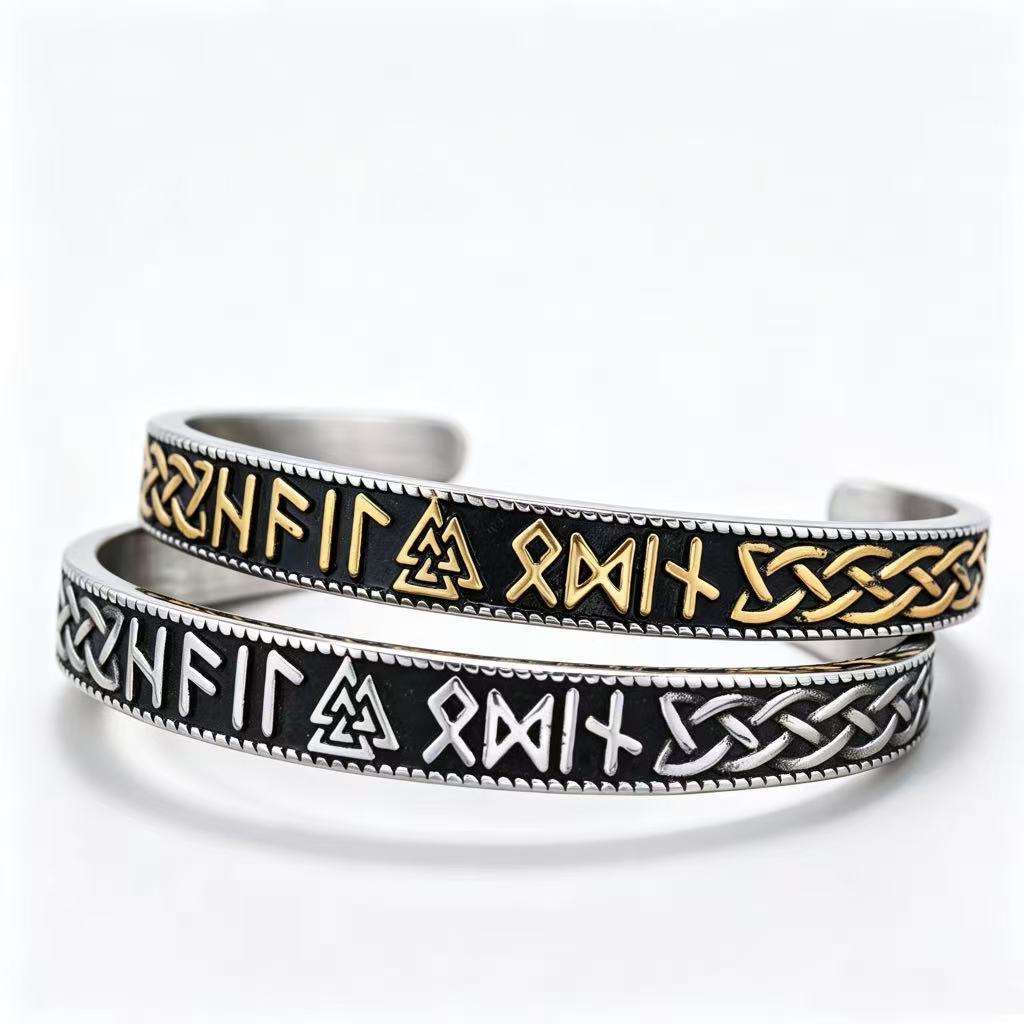 Nordic Retro Viking Rune Letter Open C Bracelet for Men, Vintage Stainless Steel Cuff Bangle