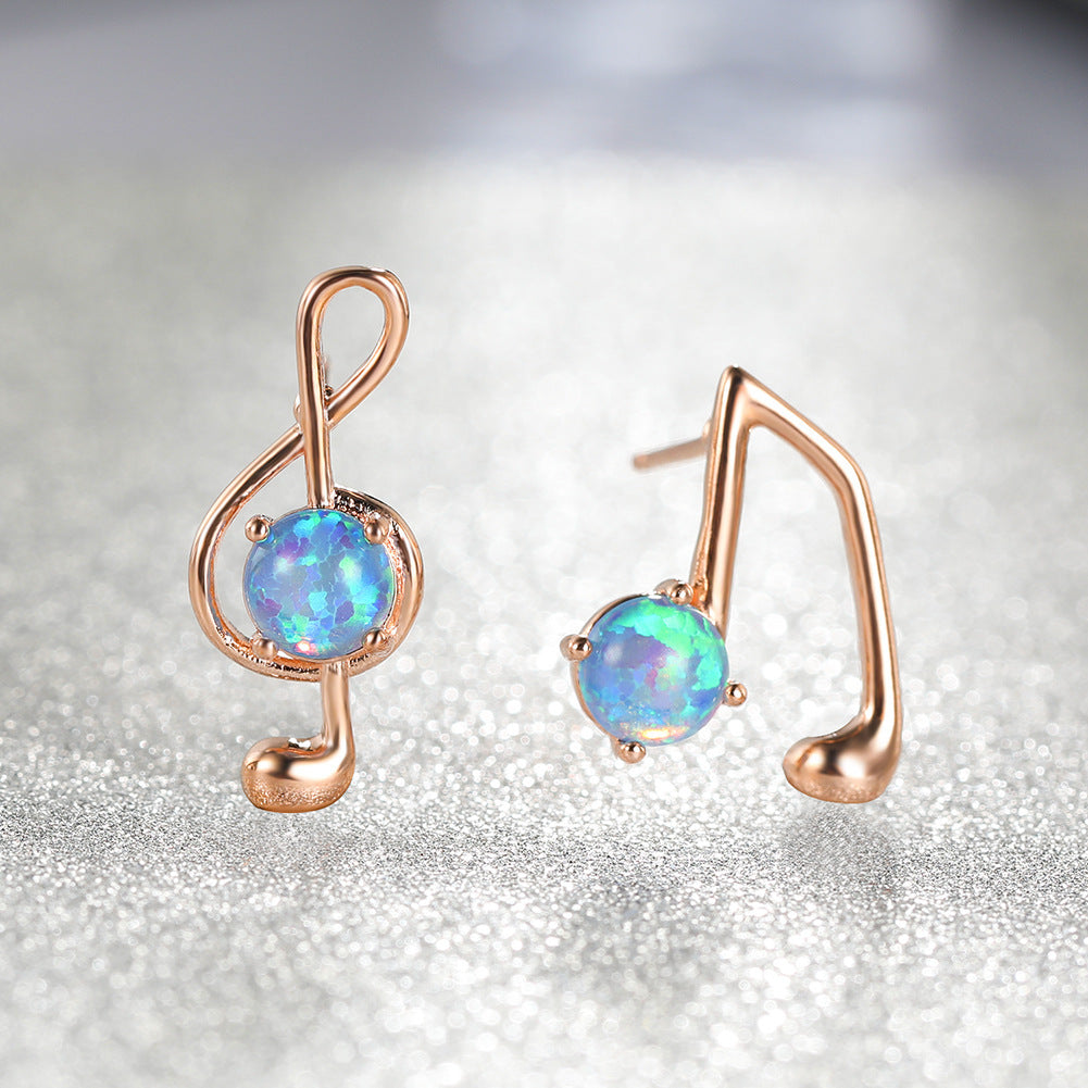 Women's Asymmetrical Music Note Round Opal Stud Earrings, Blue Opal & White Opal