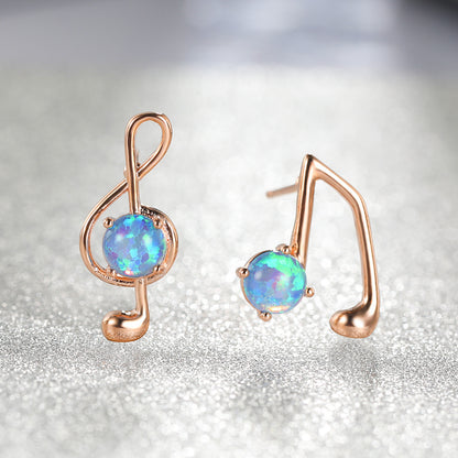 Women's Asymmetrical Music Note Round Opal Stud Earrings, Blue Opal & White Opal