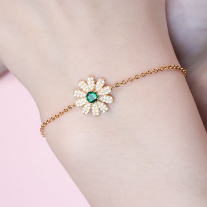 Women's Gold Full Stones Emerald Gem Flower Shape Bracelet