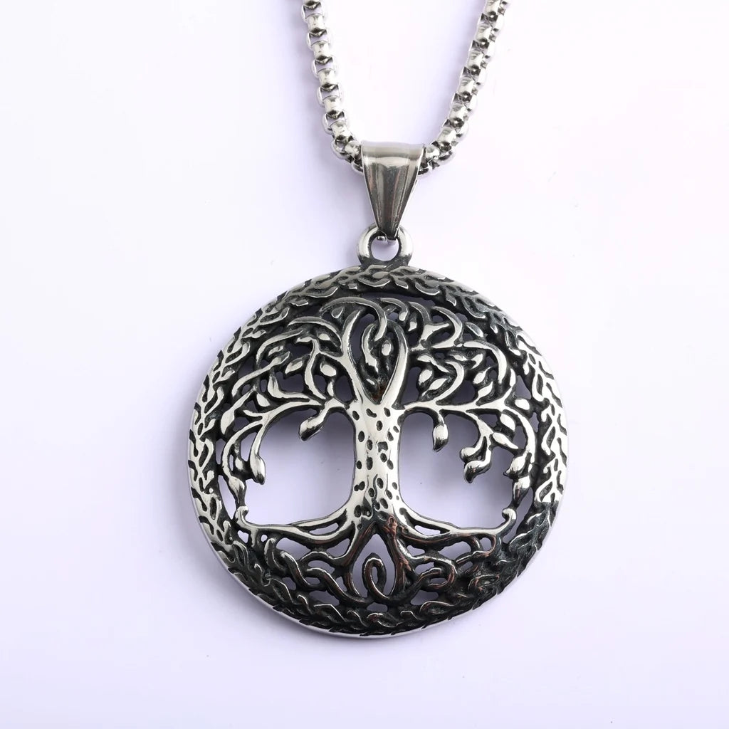 Vintage Stainless Steel Hollow Tree of Life Pendant Necklace for Men