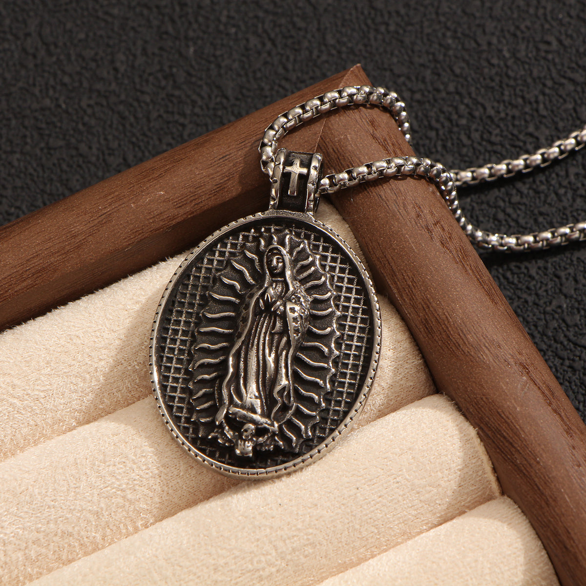 Men's Steel Oval Virgin Mary Pendant Necklace