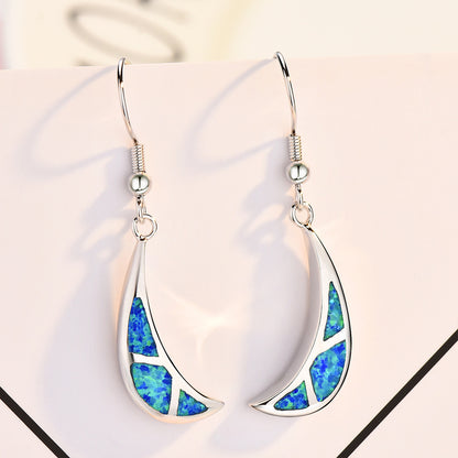 Women's Crescent‑Moon Mosaic Blue & White Opal Hook Dangle Earrings, White Gold Plating
