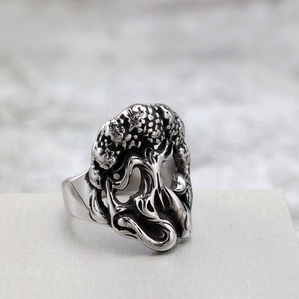 Vintage Solid Stainless Steel Punk Hollow Tree of Life Ring for Men