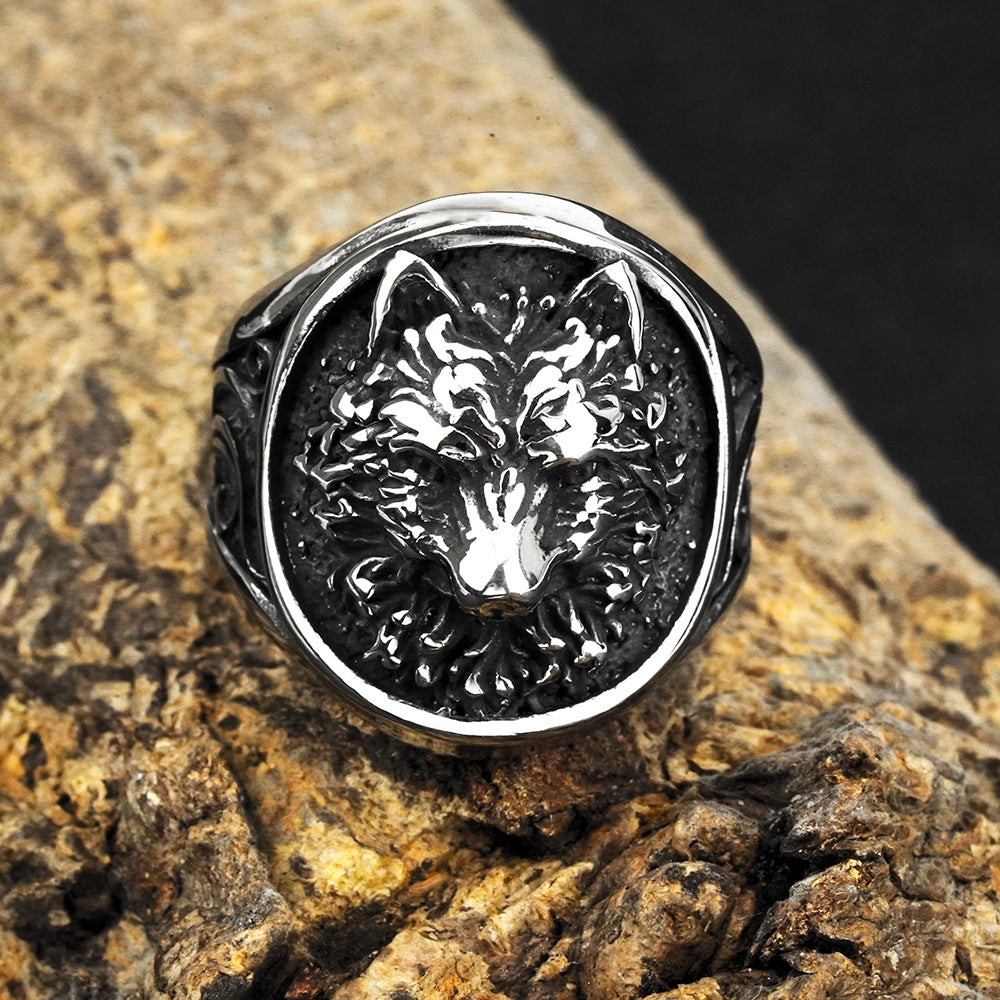 Vintage Solid Stainless Steel Norse Viking 3D Wolf Head Round Signet Ring for Men