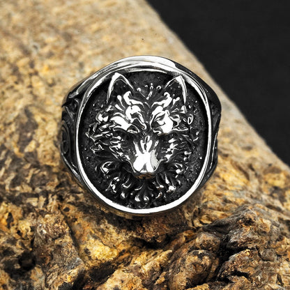 Vintage Solid Stainless Steel Norse Viking 3D Wolf Head Round Signet Ring for Men