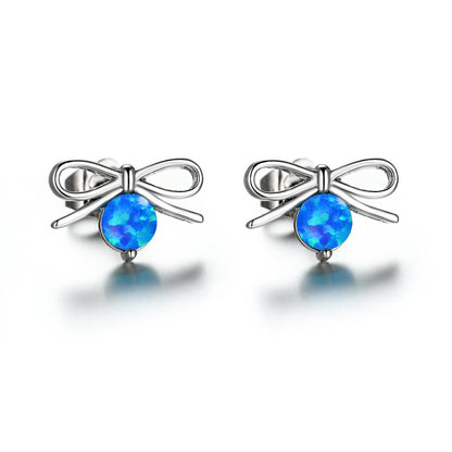 Women's Bow‑Shape Round Opal Stud Earrings, with Rose Gold Plating / White Gold Plating