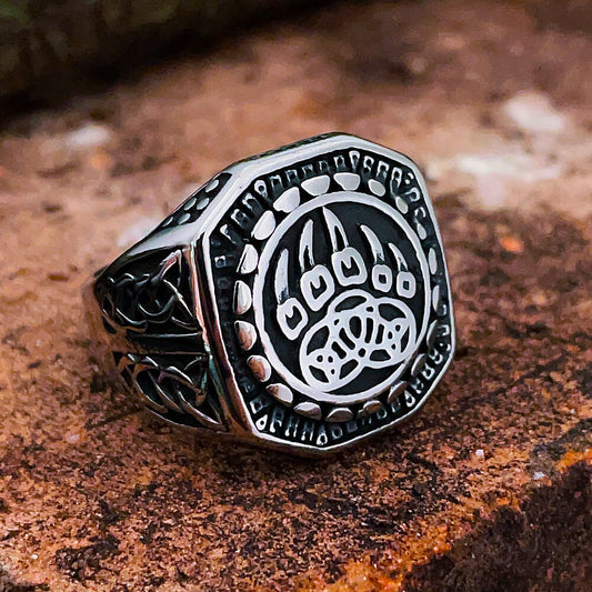 Vintage Solid Stainless Steel Engraved Viking Hollow Bear Claw Octagon Signet Ring for Men