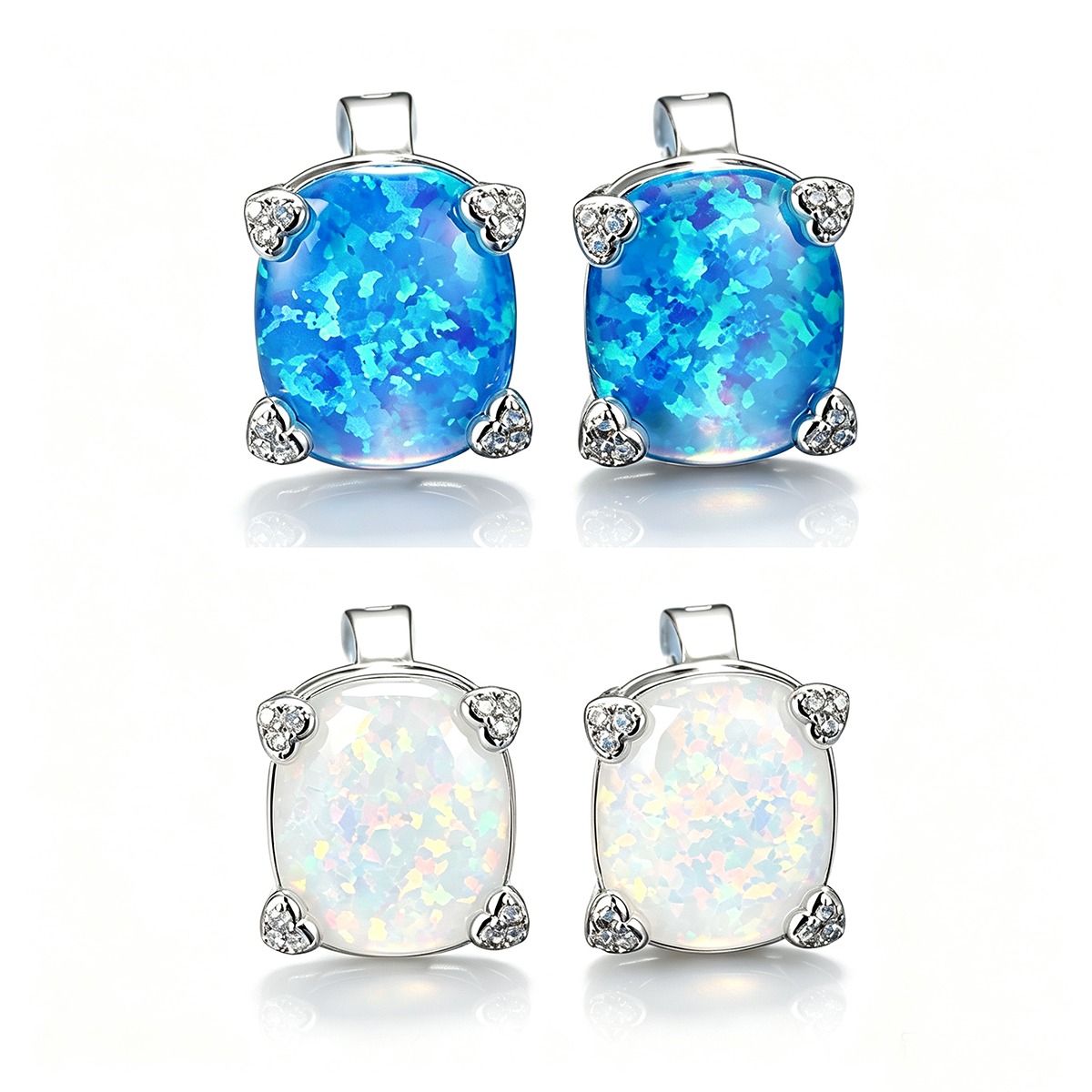 Women's Exquisite Oval‑Shape Heart‑Prong Zirconia Blue / White Opal Stud Earrings, with White Gold Plating
