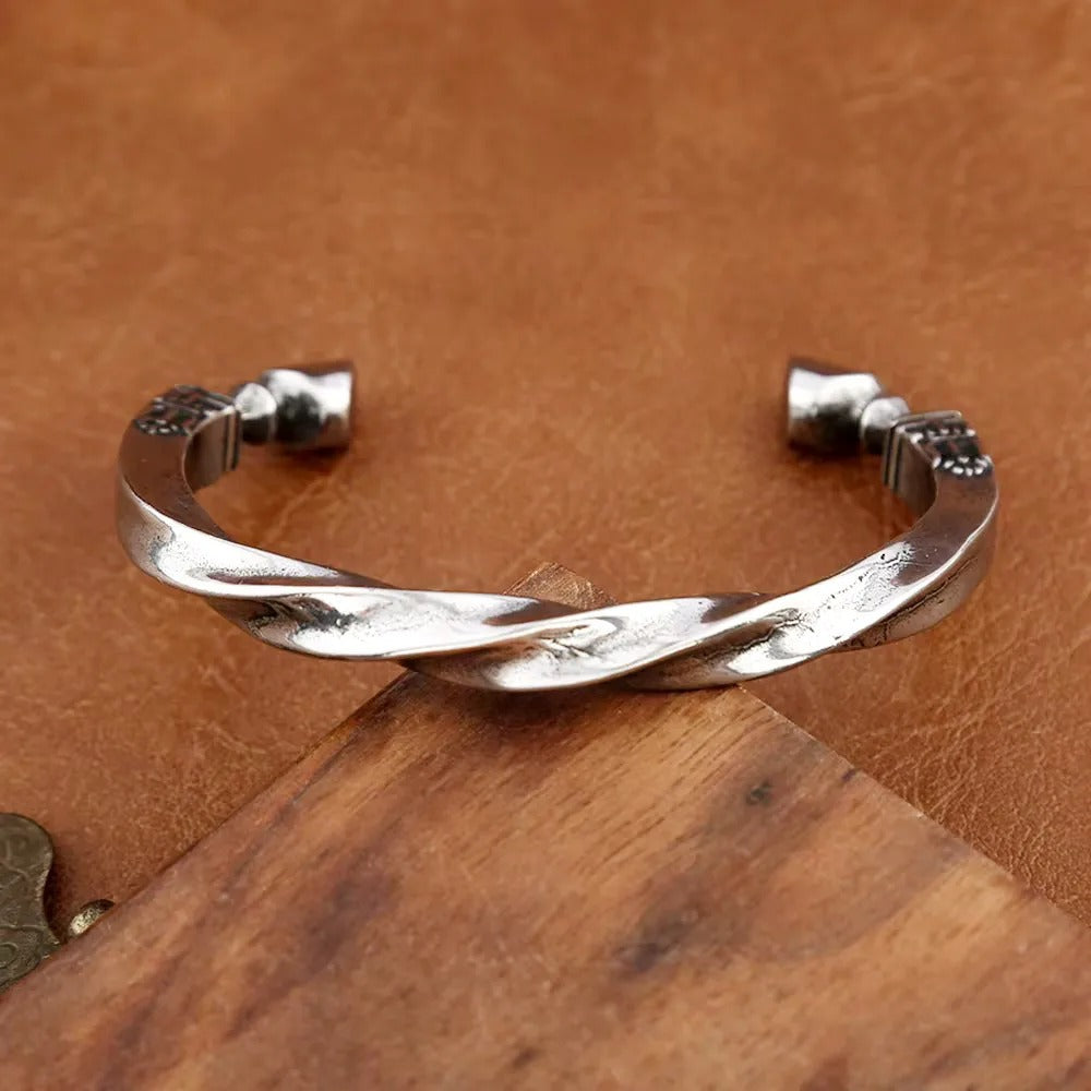 Men's Vintage Twisted Mobius Spear Tip Stainless Steel Open C Cuff Bracelet, Punk Style Buckle Ring Adjustable Retro Bangle