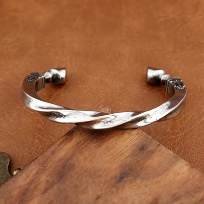 Men's Vintage Twisted Mobius Spear Tip Stainless Steel Open C Cuff Bracelet, Punk Style Buckle Ring Adjustable Retro Bangle