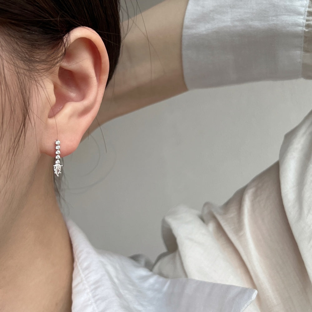 Women's Linear Drop Earrings, Pear‑Shape Center Stone Accompanied by Paved Round Zirconia, S925 with White Gold Plating