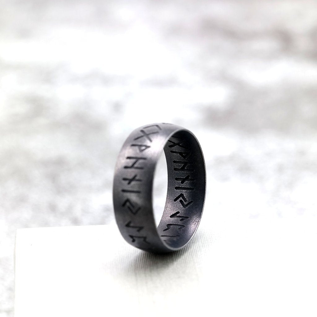Vintage Nordic Stainless Steel Inner & Outer Engraved Viking Rune Band Ring for Men