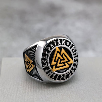 Vintage Nordic Solid Stainless Steel Viking Rune Triangle Ring for Men