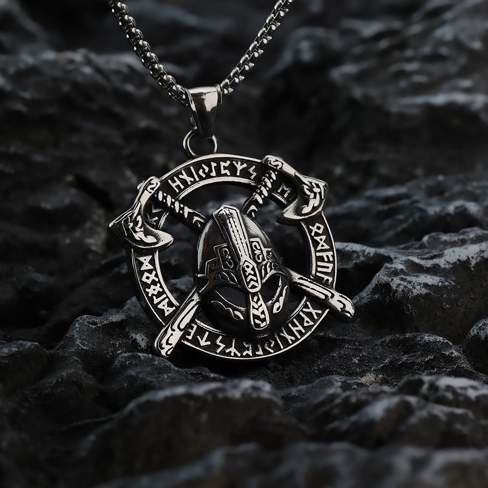 Vintage Stainless Steel Viking Helmet Rune Axe Round Pendant Necklace for Men