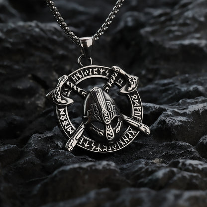 Vintage Stainless Steel Viking Helmet Rune Axe Round Pendant Necklace for Men