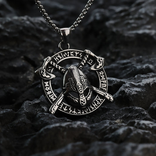 Vintage Stainless Steel Viking Helmet Rune Axe Round Pendant Necklace for Men