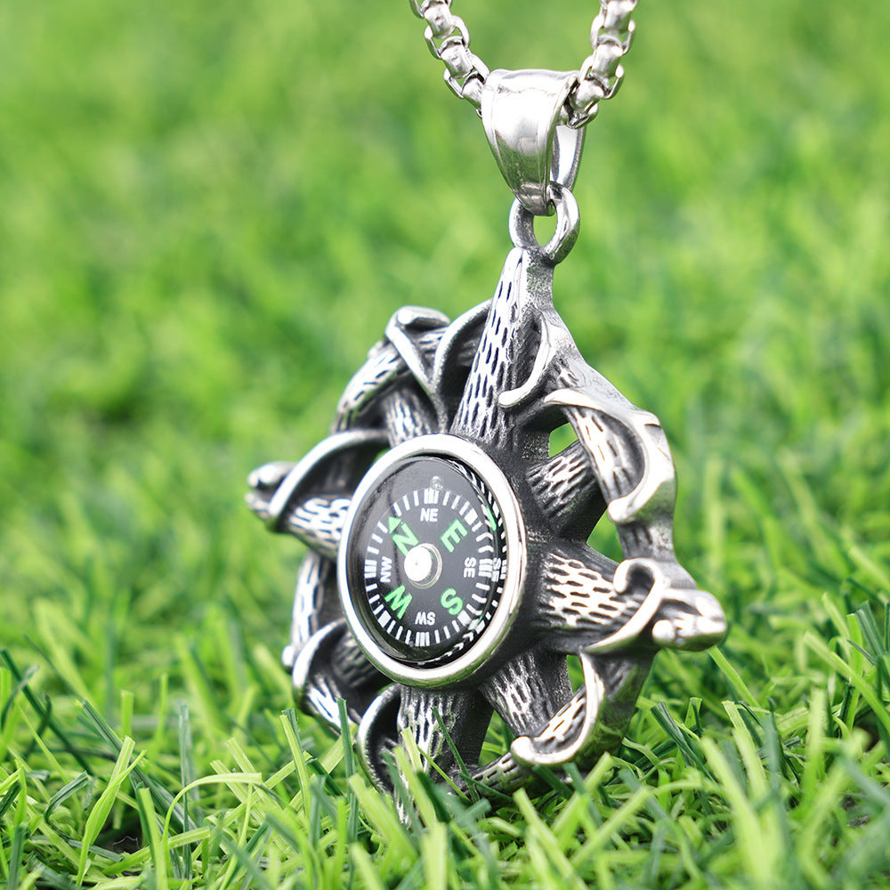 Men's Steel Compass Anchor Pendant Necklace