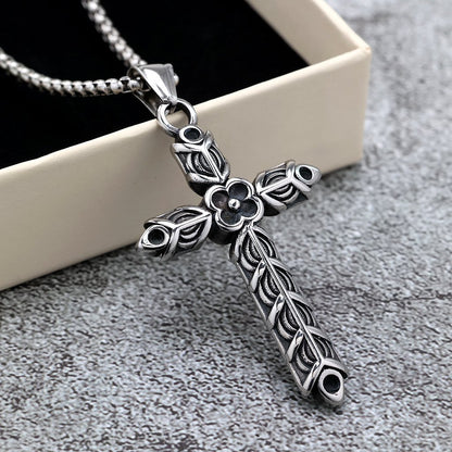 Vintage Stainless Steel Men's Double Sided Engraved Cross Pendant Necklace