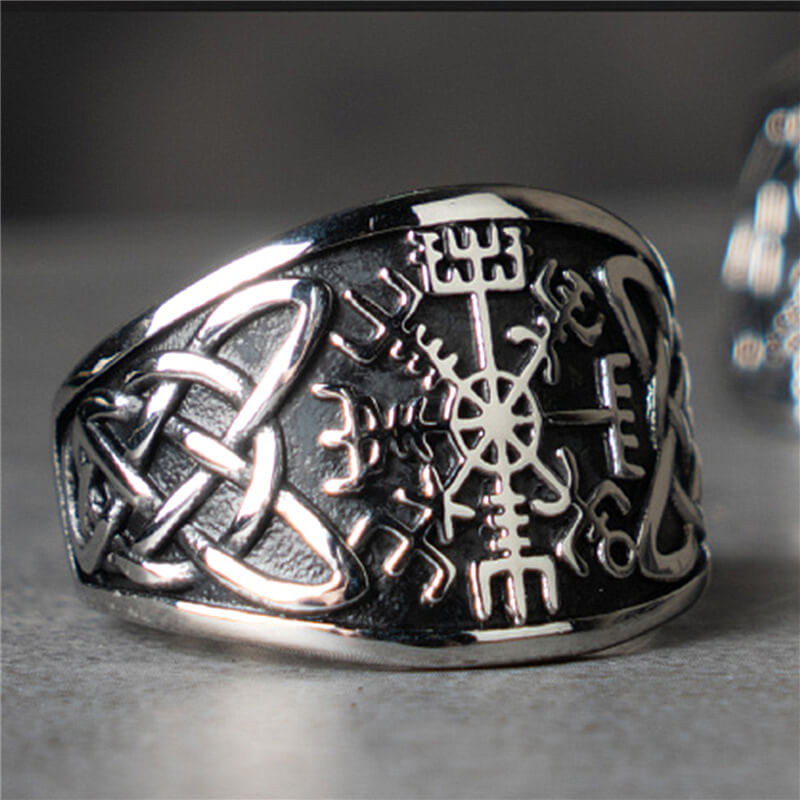 Vintage Solid Stainless Steel Viking Compass Rune Ring for Men