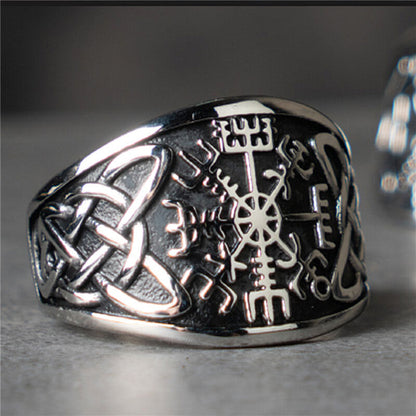 Vintage Solid Stainless Steel Viking Compass Rune Ring for Men