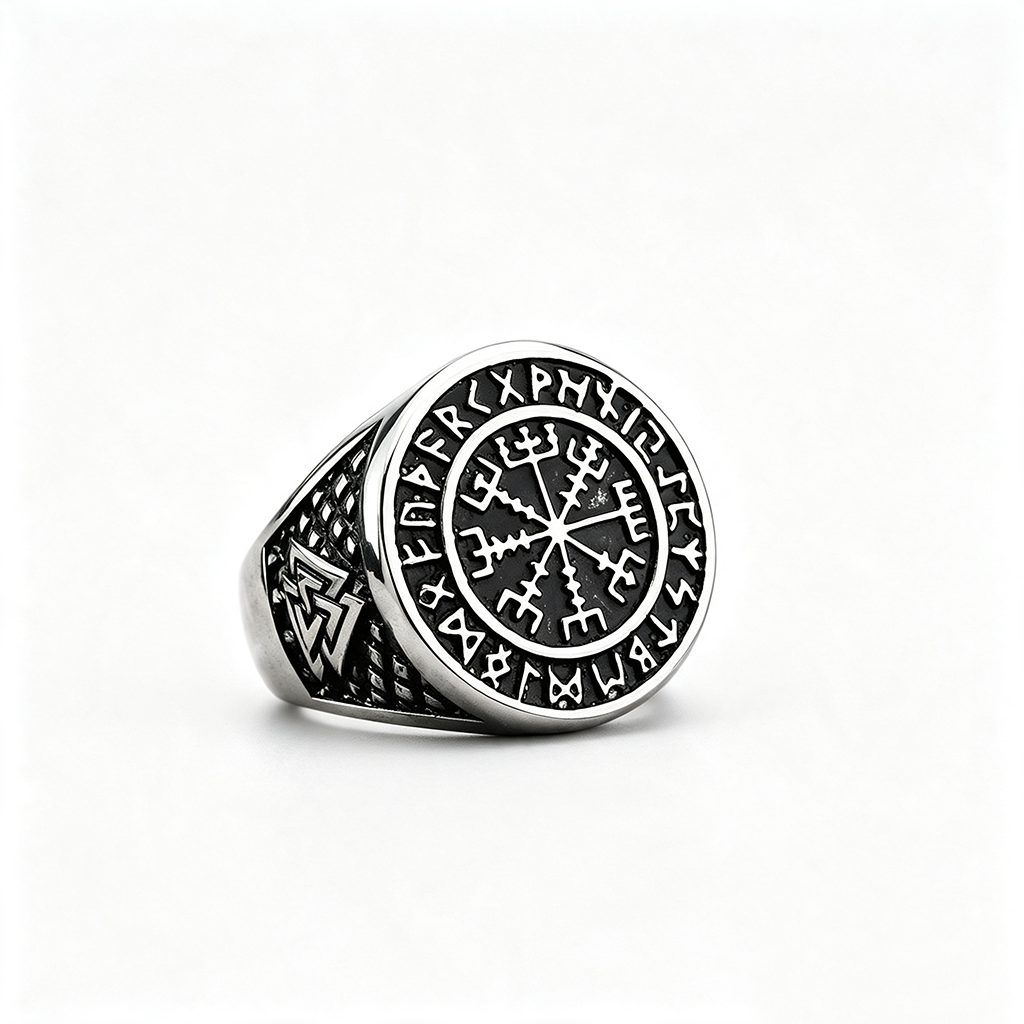 Vintage Nordic Stainless Steel Viking Rune Compass Round Ring for Men