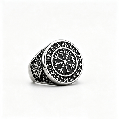 Vintage Nordic Stainless Steel Viking Rune Compass Round Ring for Men