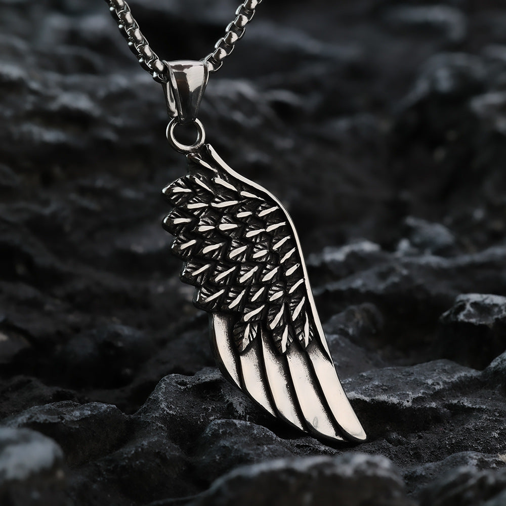 Vintage Stainless Steel Feather Wing Pendant Necklace for Men