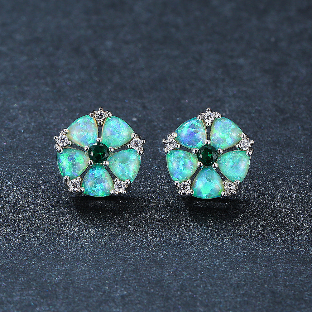 Women's Flower‑Shape Stud Earrings, Opal With Zirconia Inlay, White Gold Plating