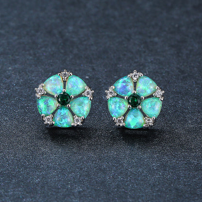 Women's Flower‑Shape Stud Earrings, Opal With Zirconia Inlay, White Gold Plating
