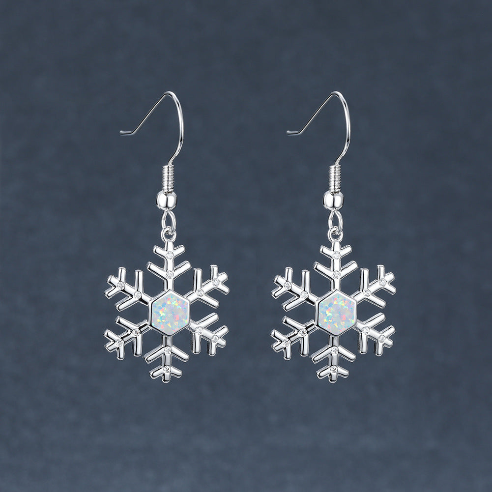 Women's Snowflake Hexagon Blue Opal & Zirconia Dangle Hook Earrings