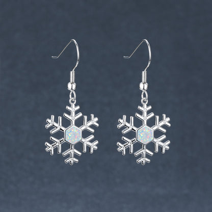 Women's Snowflake Hexagon Blue Opal & Zirconia Dangle Hook Earrings