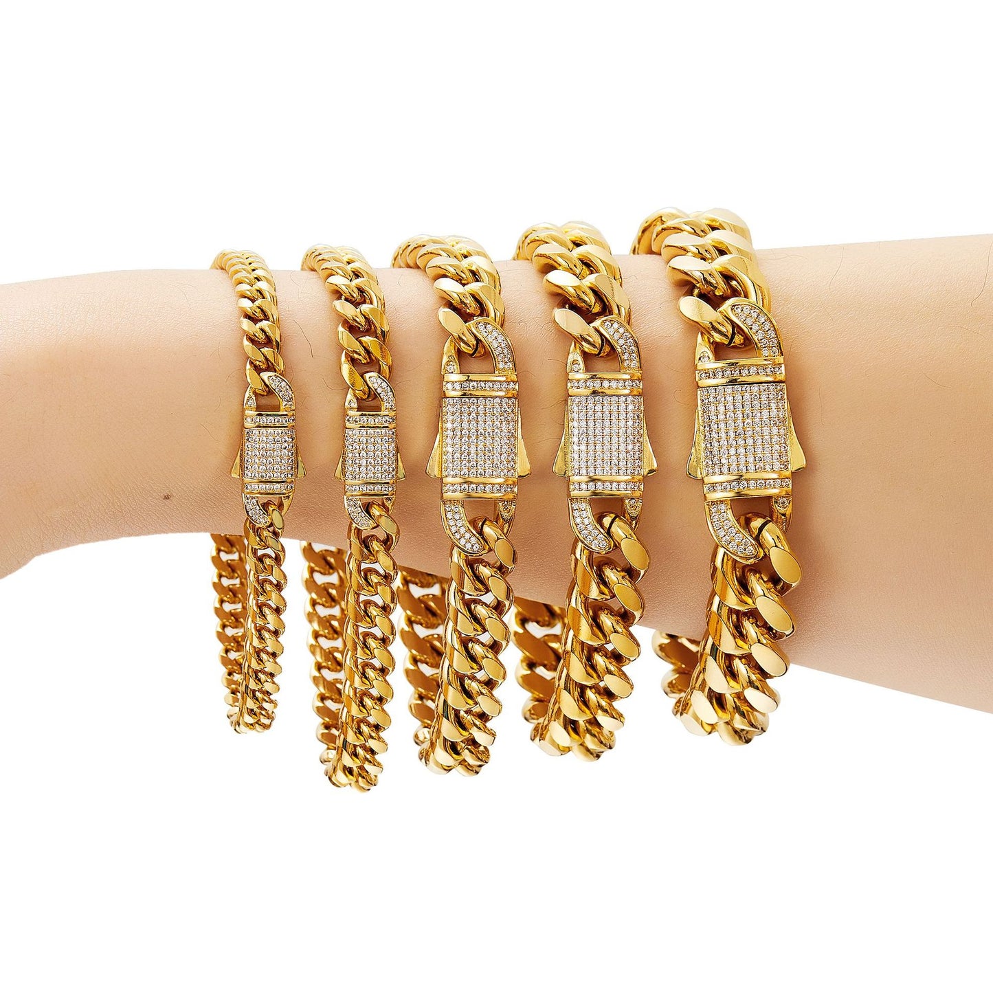 Men’s Stainless Steel Cuban Link Bracelet, Tightly Set Micro Paved Rhinestones Fashion Hip Hop Wrist Jewelry