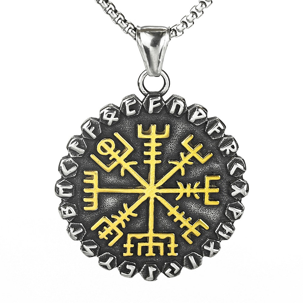 Vintage Nordic Stainless Steel Viking Compass Rune Pendant Necklace for Men