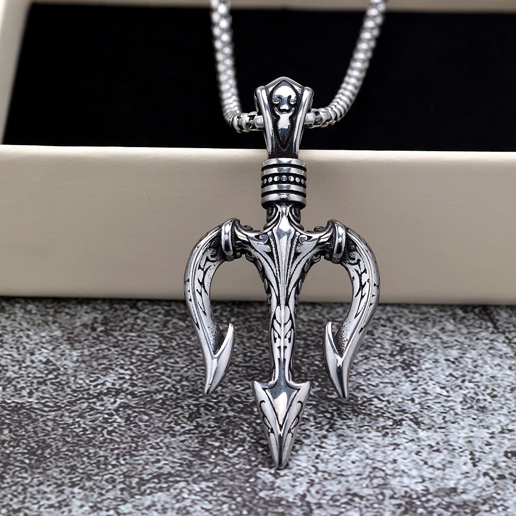 Vintage Stainless Steel Trident Pendant Necklace for Men