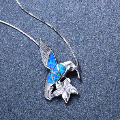 Opal bird + flower necklace