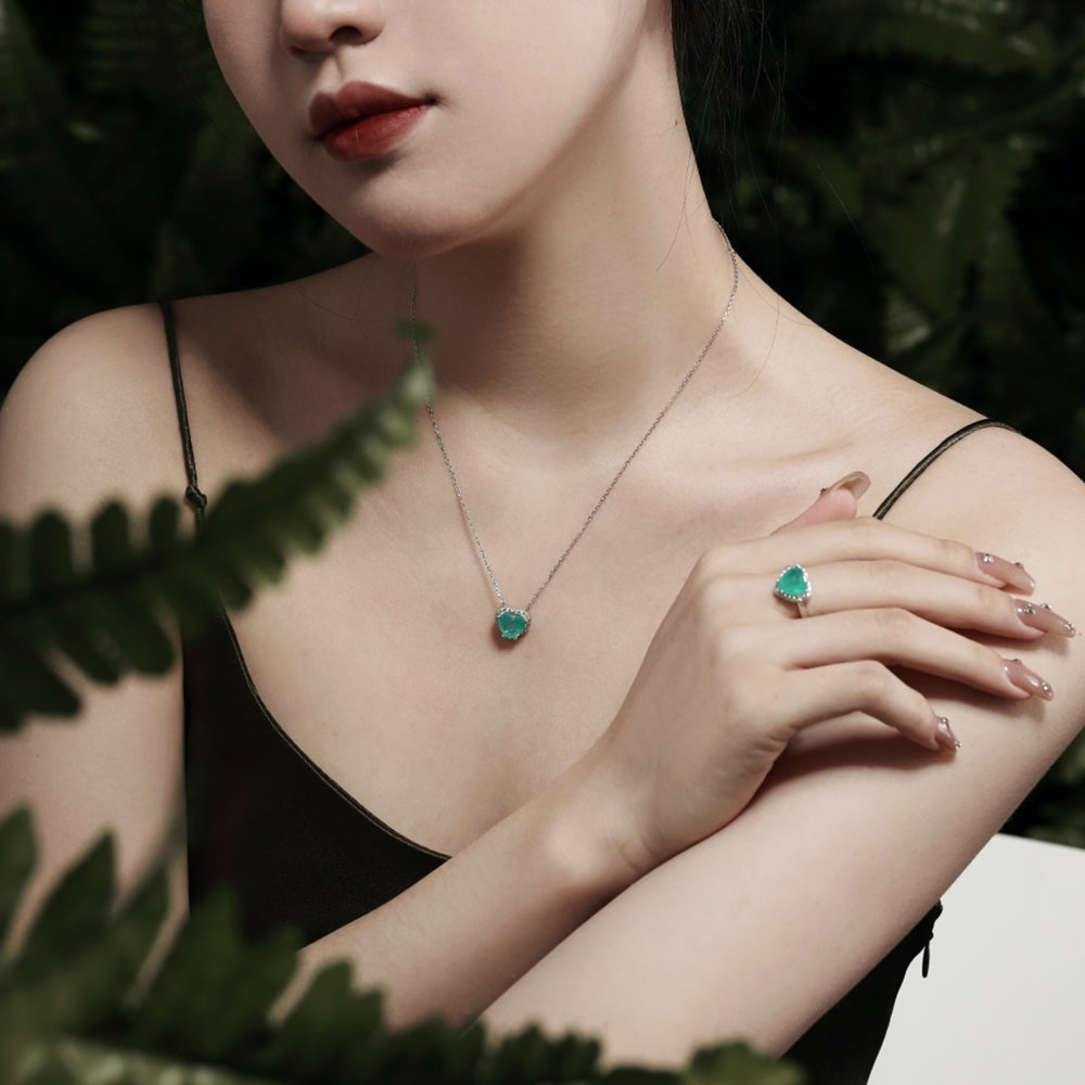 Women's Heart Pendant Necklace, Paraiba Color Green Sapphire Inlay, S925 with White Gold Plating