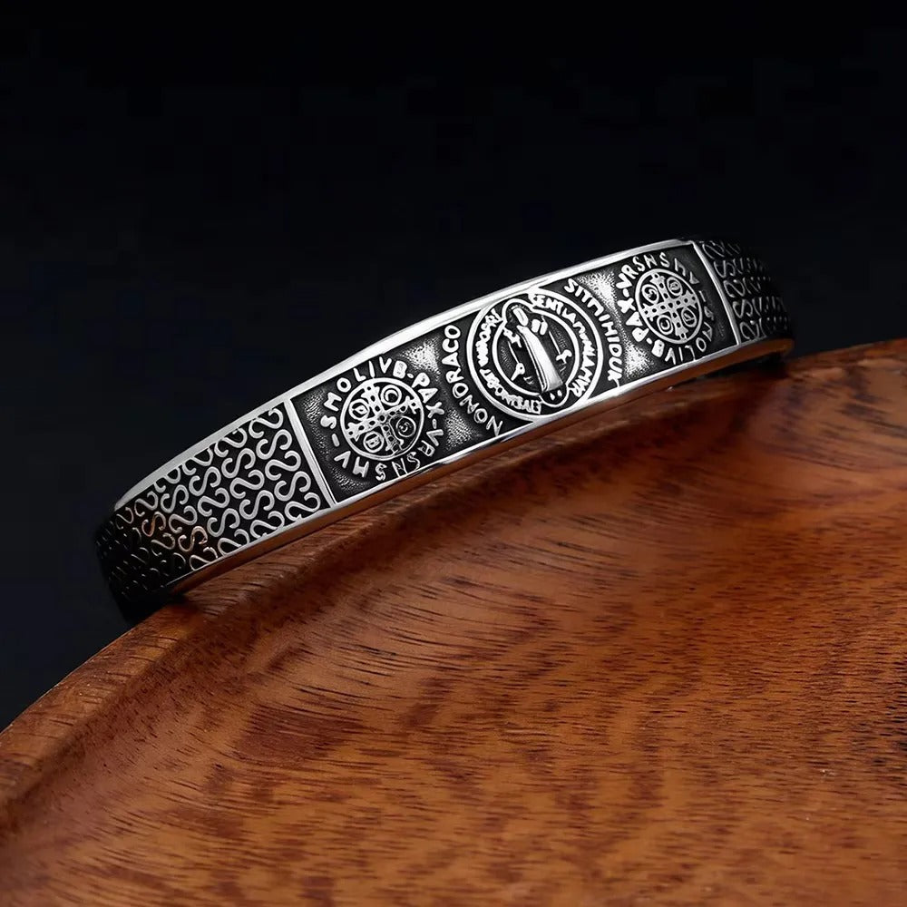Vintage Punk St. Benedict Open C Bracelet for Men, Trendy Personality Stainless Steel Retro Adjustable Cuff Bangle Jewelry