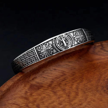 Vintage Punk St. Benedict Open C Bracelet for Men, Trendy Personality Stainless Steel Retro Adjustable Cuff Bangle Jewelry