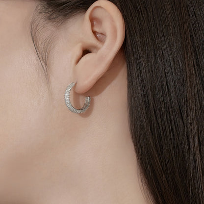 Women's Delicate 15 mm Round Huggie Earrings, Full Paved Round Zirconia, S925 with White Gold Plating