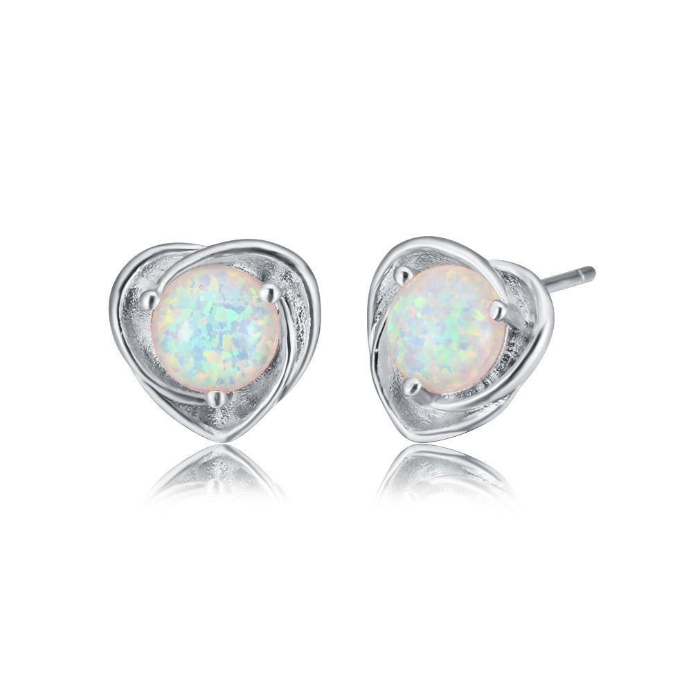 Women's Twisted Heart Shape Blue & White Opal Stud Earrings, White Gold Plating & Rose Gold Plating