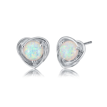 Women's Twisted Heart Shape Blue & White Opal Stud Earrings, White Gold Plating & Rose Gold Plating