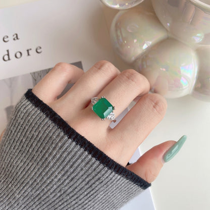 Women's Square Emerald Zirconia Elegant Temperament Ring, S925 with White Gold Plating