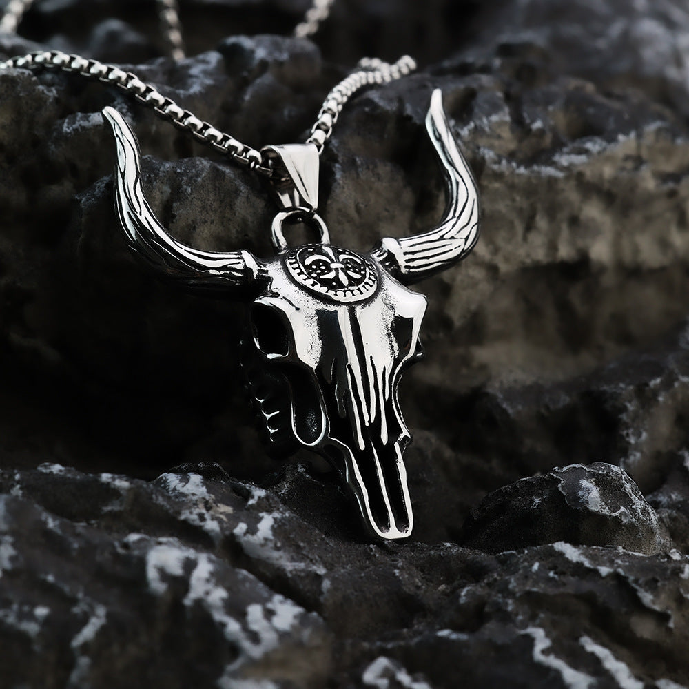 Vintage Stainless Steel Bull Head Pendant Necklace for Men